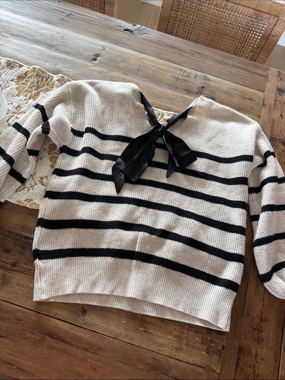 Cupshe Cream & Black Striped Knit Sweater with Satin Back Tie